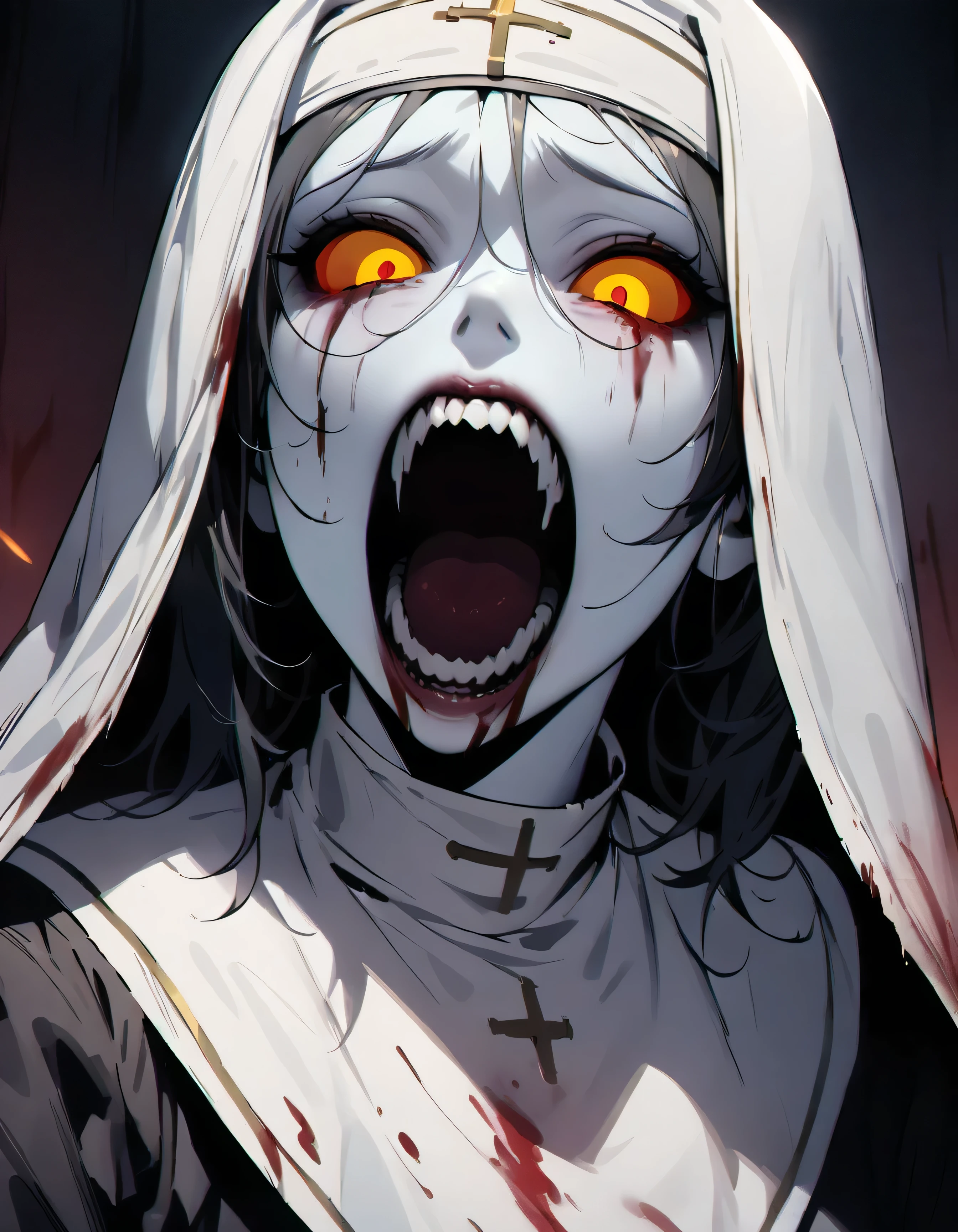 ((best quality)) , ((masterpiece)) , (detailed) ,((1nun)), solo, horror , open mouth, nun,male focus, Pale skin, colored skin, blood teeth, yellow eyes, dark, parody, colored sclera,(Horror-themed) , Eerie, unsettling, dark, spooky, suspenseful, grim, highly detailed