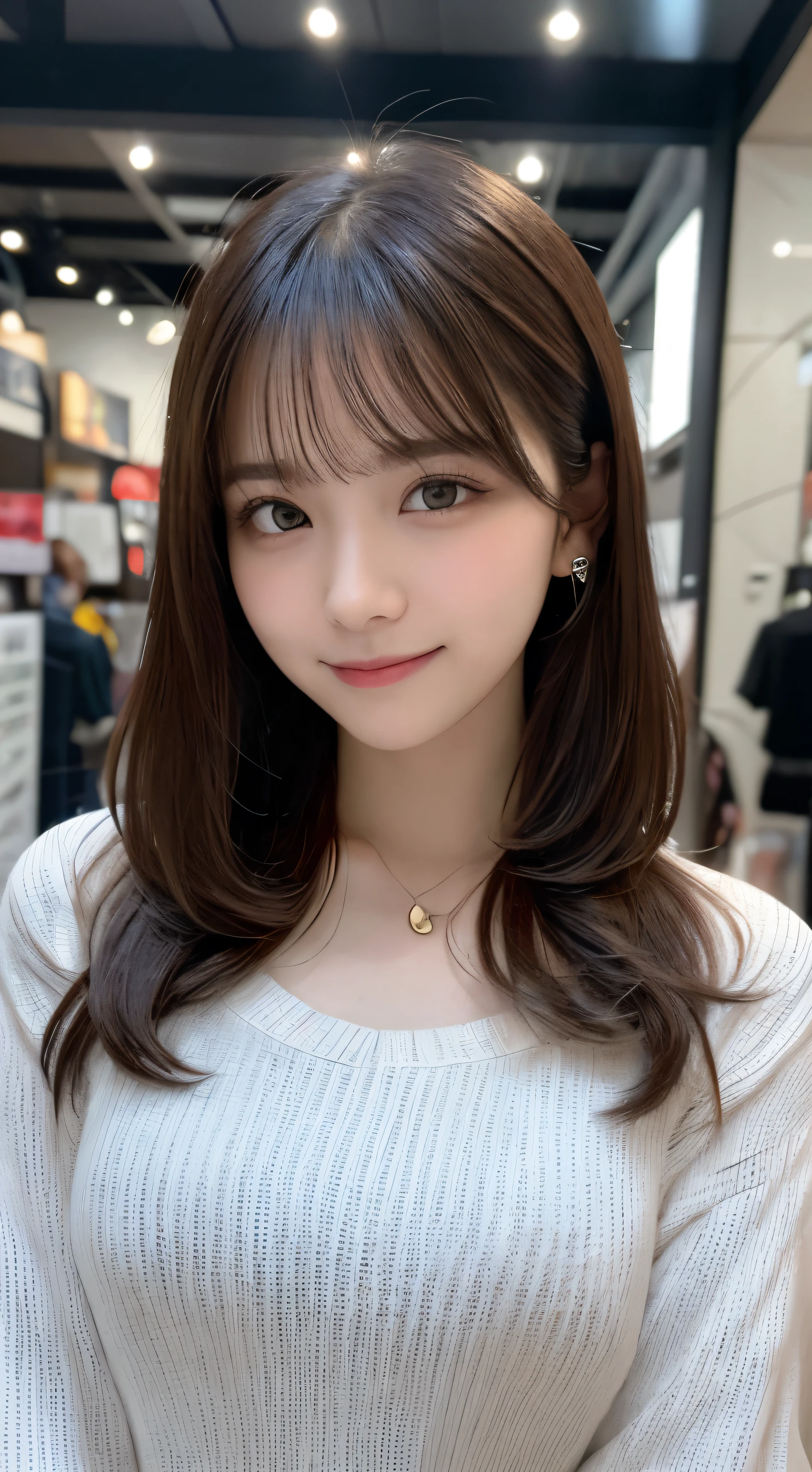 masutepiece, Best Quality, Illustration, Ultra-detailed, finely detail, hight resolution, 8K Wallpaper, Perfect dynamic composition, Beautiful detailed eyes, navy long sleeve knit dress,Straight hair,Small breasts natural color lip, Randomly sexy poses,Smile,Harajuku、20 years girl、Cute、Sexy shot looking at camera,Perfect and beautiful face,Blur the background