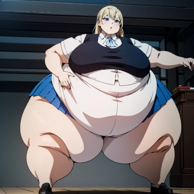 1girl, ((((bottom heavy figure)))), plump, incredibly plump, (((big belly))), pout, embarassed, wide, (((obese))), (((fat))), ((love handles)), double chin, out of shape, obese, fatty, (((flat chest))), tall woman, (milf), big height, mature, standing, full body, bbw, ssbbw,, Hyasaka Ai, blonde hair, blue eyes, very long hair, pleated skirt, white shirt, blue skirt, shoes