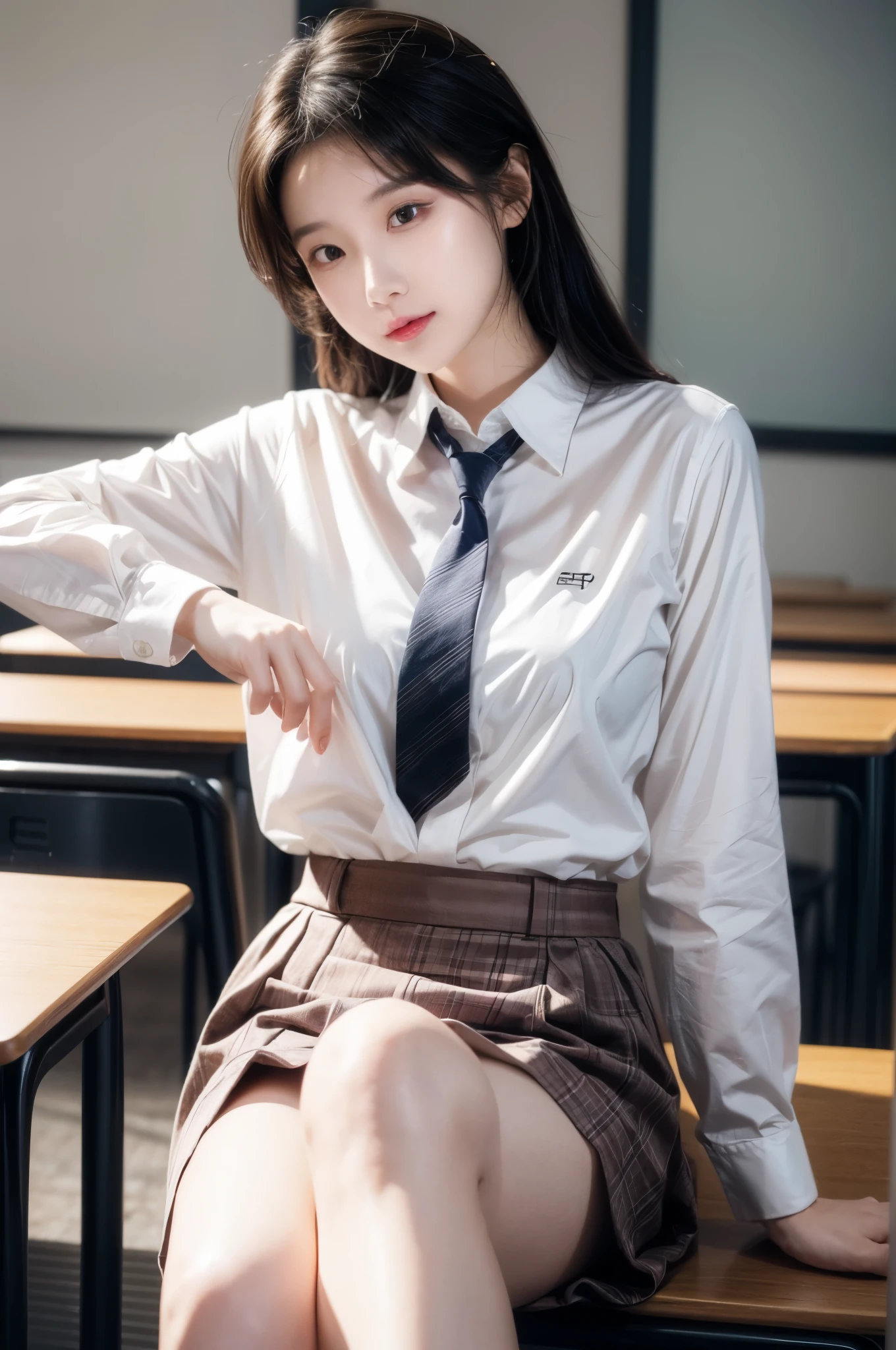 KyokoDG, 1girl, necktie, solo, jacket, shirt, looking at viewer, long sleeves, white shirt, collared shirt, sitting on chair, classroom, pink blood,