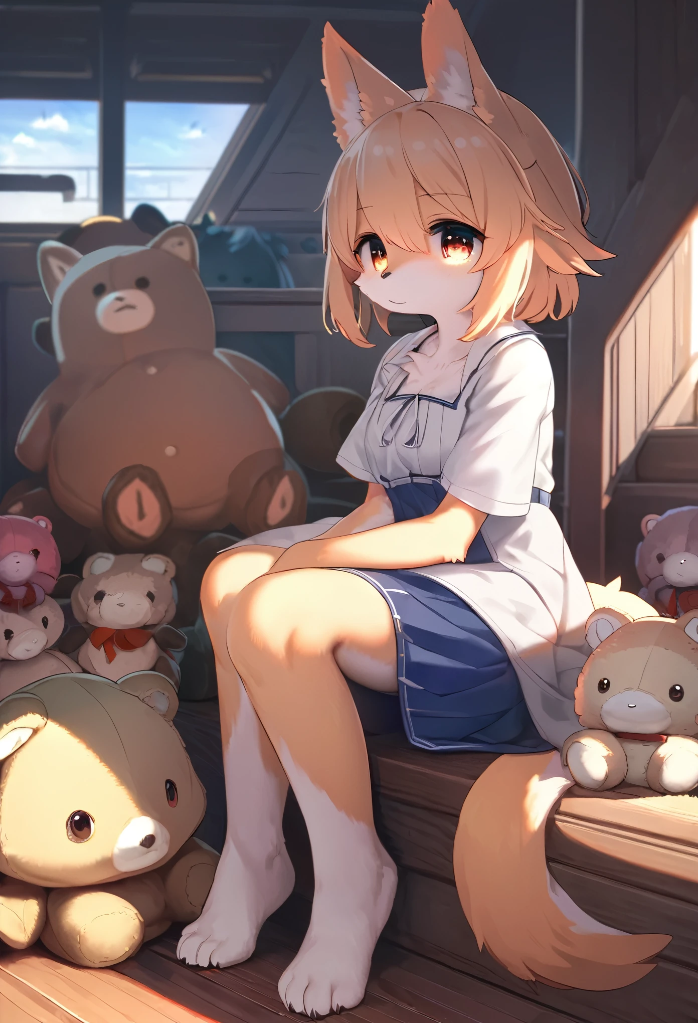 cover page, highres, top quality, best quality, paid reward available, unparalleled masterpiece, perfect artwork, absurdres, High-quality illustrations, super high resolution, detailed background, perfect anatomy(1girl, kemono, furry anthro, kemono, sleepy eyes)many stuffed animals sitting in room with ship in the background, cinematic lighting,