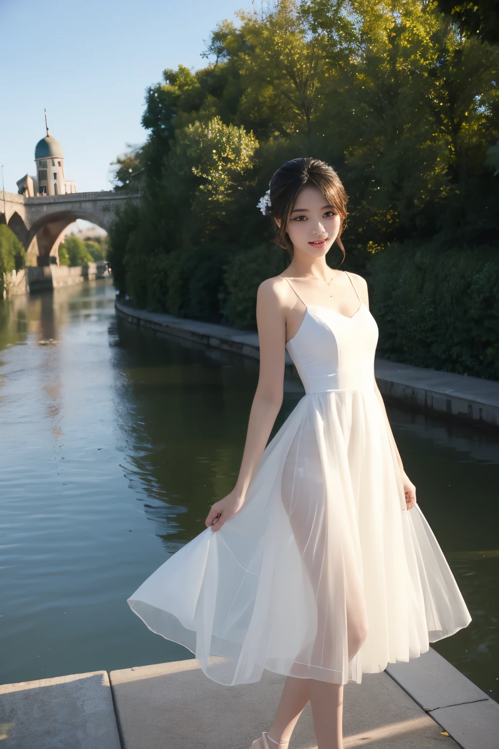 best quality, masterpiece, soft light, 1girl, solo, ,white ballet dress,on bridge,over a river