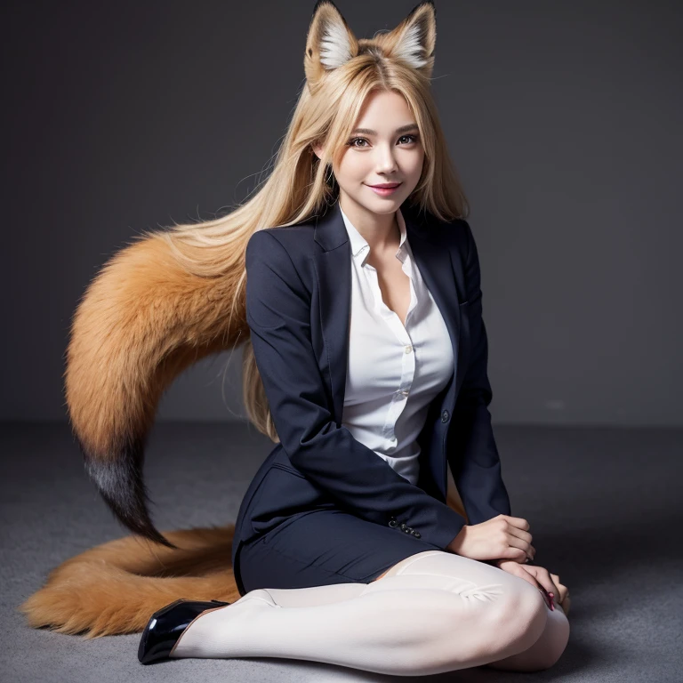 ((highest quality)), ((masterpiece)), (get used to it), perfect face, fox woman, Beautiful woman, public, A tail is growing, she has a fluffy tail, she has a fox tail, she shows her tail, smile, She wears a business suit, big 
