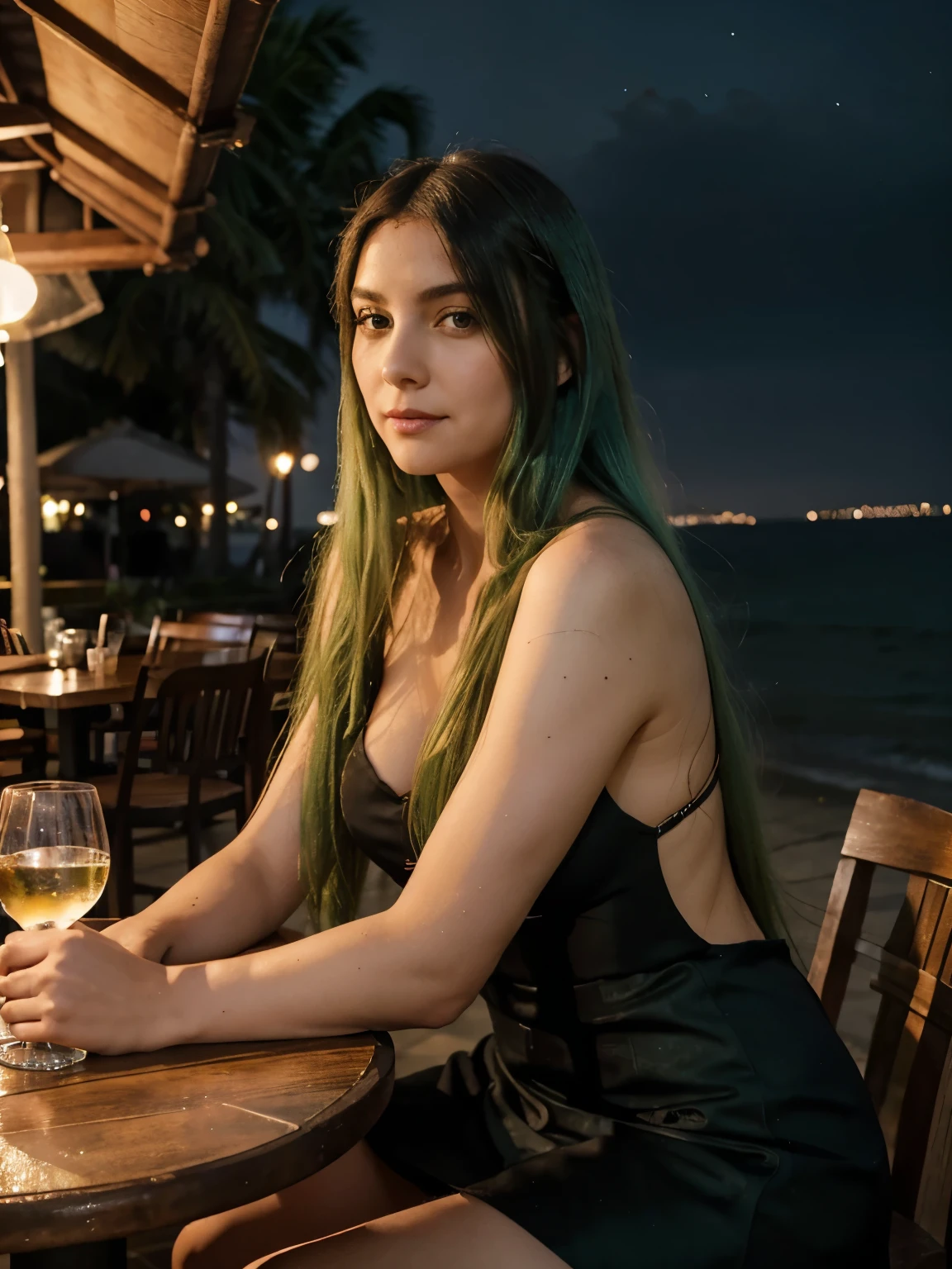 full length photo of a woman with long green hair, away from the camera, looking into the distance, a seaside restaurant, outside, near the water, dinner, meal, dining environment, with wine, drink, if having fun, black dress, night scenery, night lighting, black hair, brown eyes, soft smile, seductive look and posture.