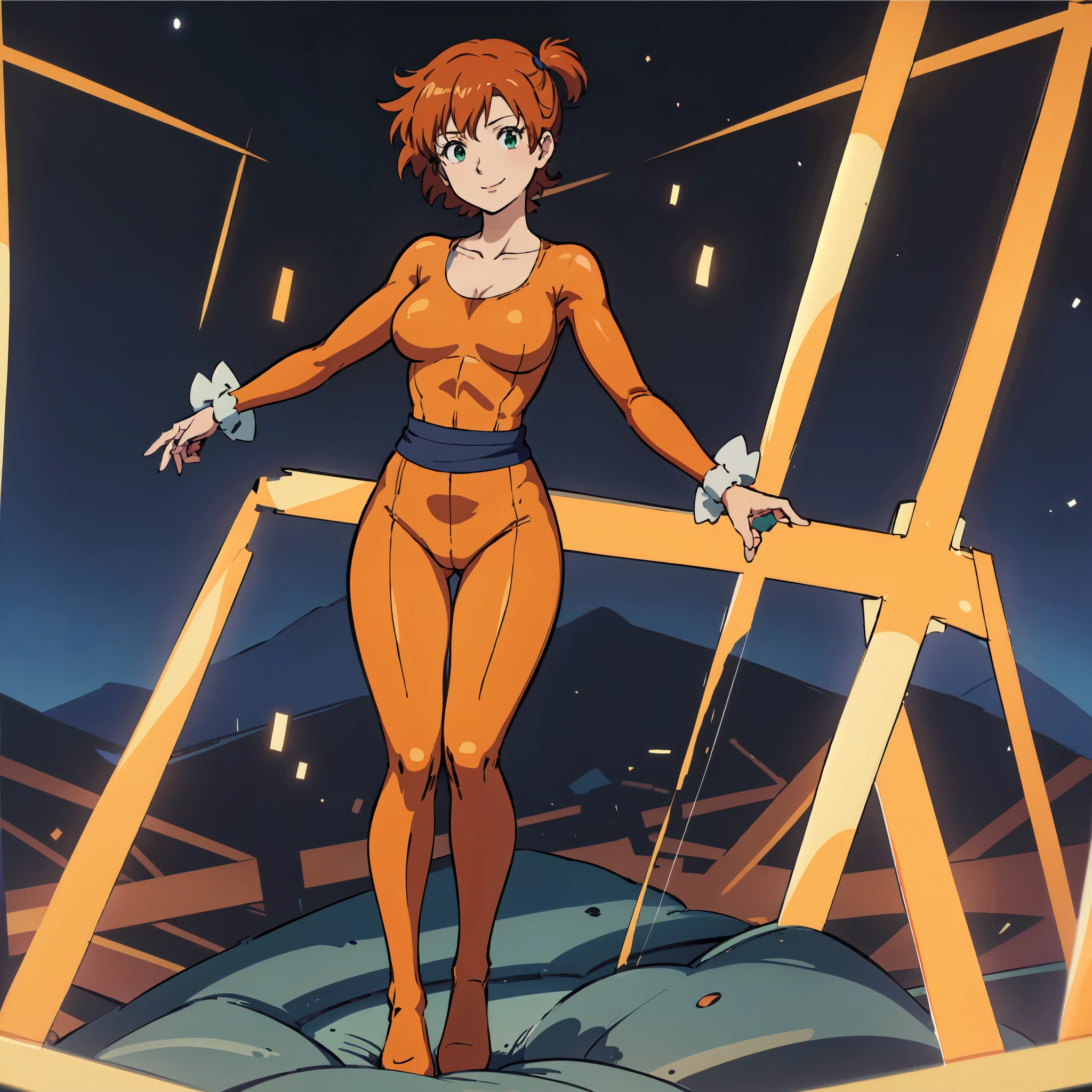 masterpiece、highest quality、anime girl、solo、outdoor、night、looking at the viewer、smile、short hair、orange hair、green eyes、One-sided up-up hair、big breasts、Girls with medium breasts、collarbone、Orange bodysuit、long sleeve、red sash、