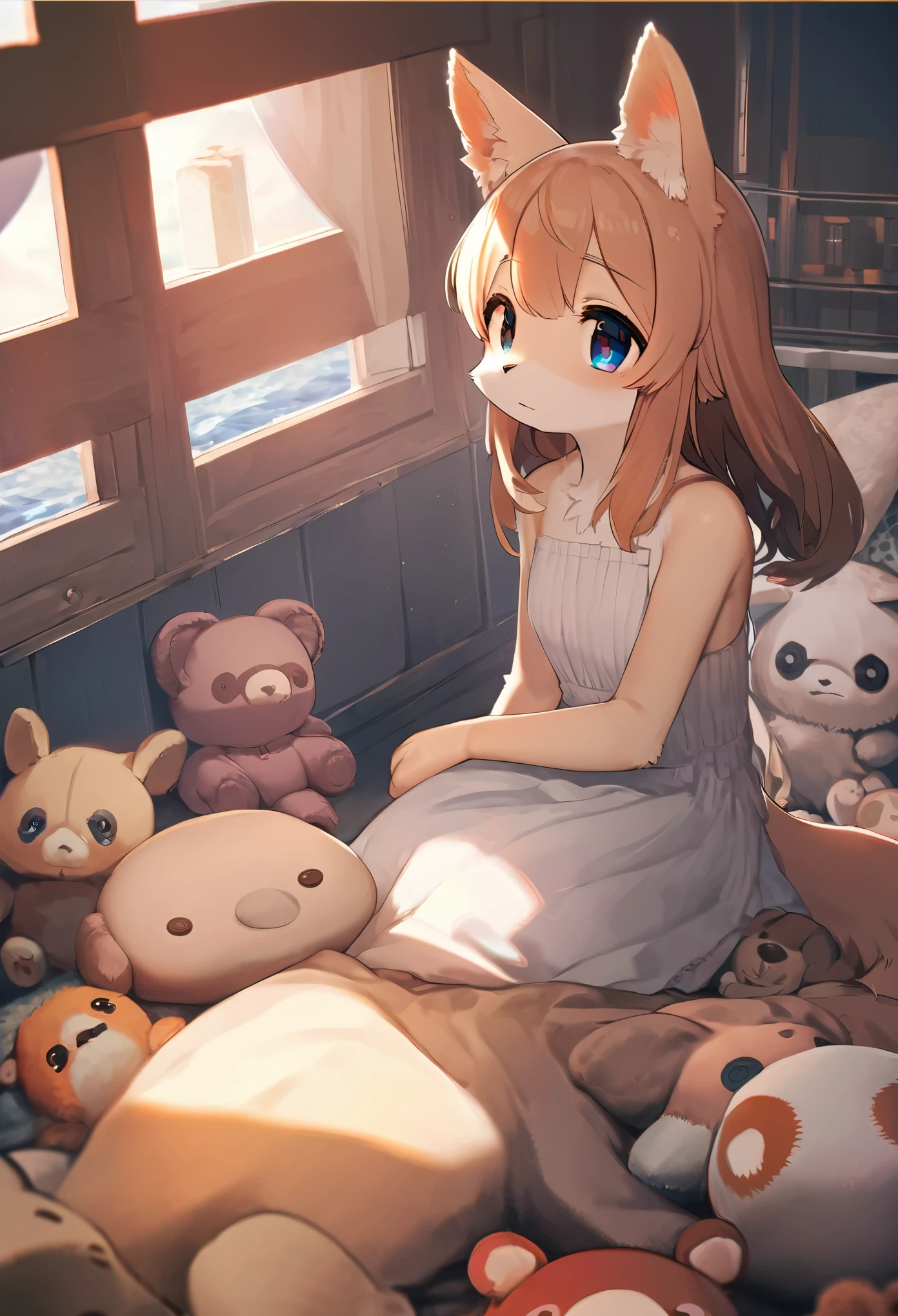 cover page, highres, top quality, best quality, paid reward available, unparalleled masterpiece, perfect artwork, absurdres, High-quality illustrations, super high resolution, detailed background, perfect anatomy(1girl, kemono, furry anthro, kemono, sleepy eyes)many stuffed animals sitting in room with ship in the background, cinematic lighting,