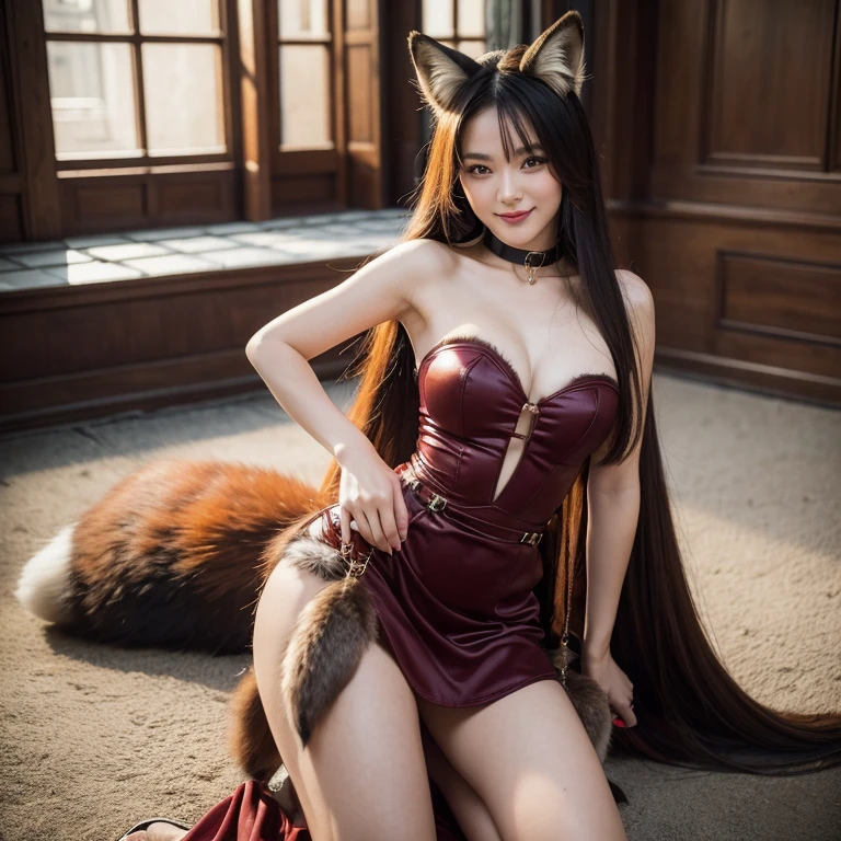 ((highest quality)), ((masterpiece)), (get used to it), perfect face, fox woman, Beautiful woman, public, A tail is growing, she has a fluffy tail, she has a fox tail, she shows her tail, smile, collar and leash, she is wearing a sexy dress, big 