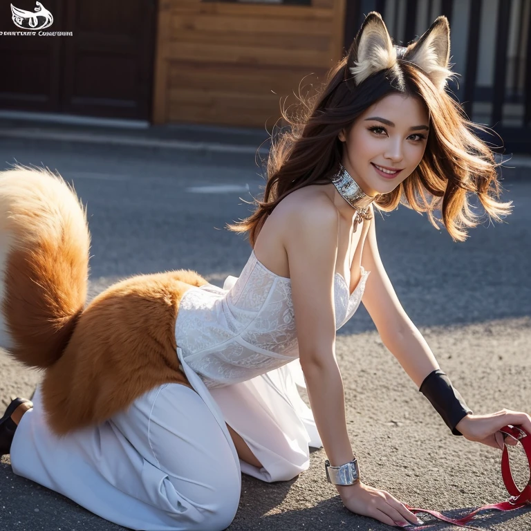 masterpiece, realistic, werewolf wearing Little Red Riding Hood, young redhead long-haired woman walking on all fours in see-through lingerie, 18 years old, skin glossy, full body, thighs, calves, bare feet, werewolf clutching chain with collar, photorealistic, white knee-high socks