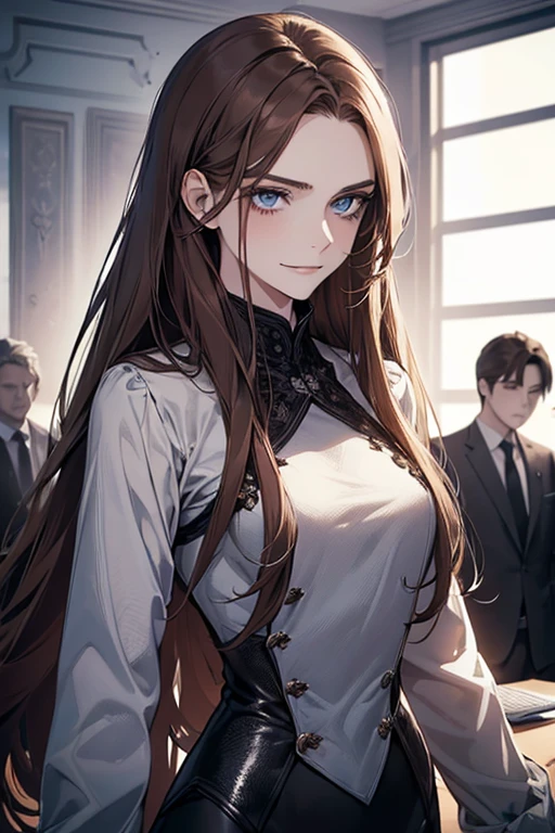 (highest quality,High resolution,Super detailed),1 girl, Beautiful and exquisite light blue eyes, brown hair, cold smile,indignation,I'm angry,Straight long hair tied back, wearing a black suit, mature woman, 25 years old,cruel smile, Calm and Calm, slender body shape, pale complexion, thin, Calm, in the conference room.secretary