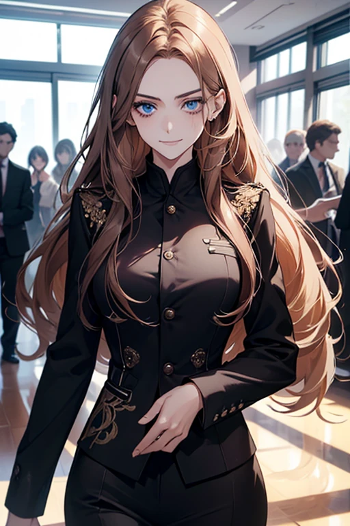 (highest quality,High resolution,Super detailed),1 girl, Beautiful and exquisite light blue eyes, brown hair, cold smile,indignation,I&#39;m angry,Straight long hair tied back, wearing a black suit, mature woman, 25 years old,cruel smile, Calm and Calm, slender body shape, pale complexion, thin, Calm, in the conference room.secretary
