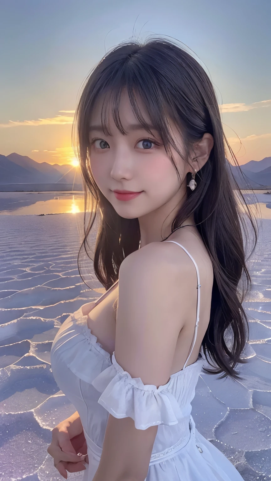 1 girl, masterpiece, very detailed, (beautiful delicate shine), Lens flare, gray hair, medium long hair, floating hair, think back, Back, back, smile, blue eyes, white dress, big breasts, Upper body, wide shot, , ((Uyuni salt lake)), sunrise, cloud, Backlight, purple sky, yellow sky, gradation sky, ,huge breasts,looking at the viewer