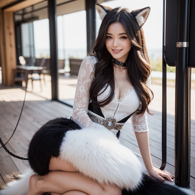((best quality)), ((masterpiece)), (detailed), perfect face, fox lady, pretty woman, public, A tail is growing, She has a fluffy tail, She has a fox tail, She wags her tail, smile, collar and leash, crawl on all fours, she is wearing sexy dress