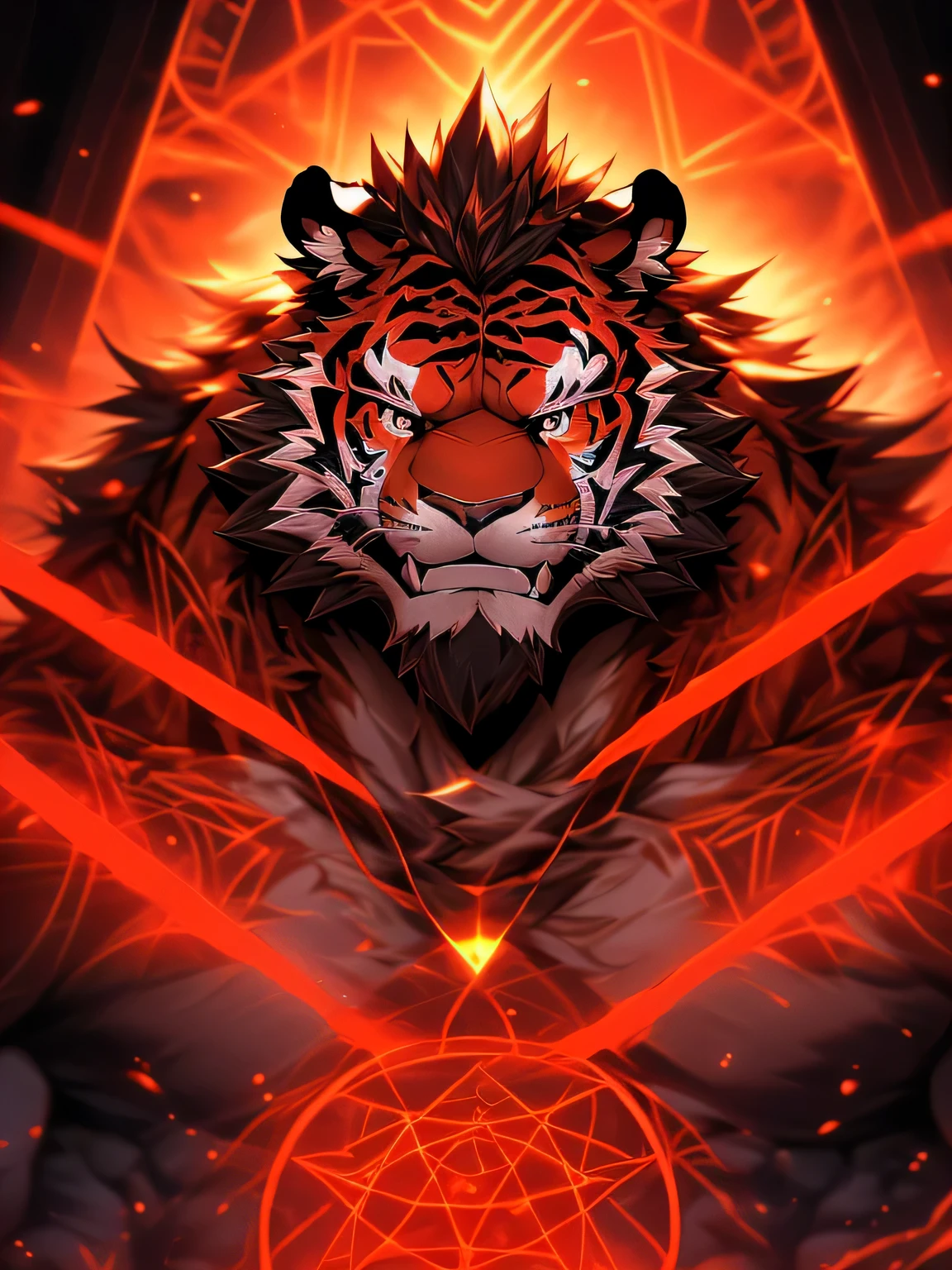 (super detailed,actual,high resolution), darkside style, (dark and mysterious atmosphere:dramatic lighting:1.1), (sharp focus:1.2), (bright colors:1.1), (Detailed muscles:1.1), (intense expression), (Strong tiger), ，（Naked upper body），（black eyes），(muscular physique), (sinister aura), (There is a red magic circle under your feet:1.3), (Elegant and seductive posture), (red fur), (sharp gaze:Enchanting), (Muscular limbs), (majestic presence), (grin), (Red is faintly visible on the fur), (Sinuous Movement), (Dynamic and captivating composition), (Impressive attention to detail), (Subtle highlights and shadows:Carefully rendered), (unforgettably beautiful), (Majestic and powerful), (Radiate a feeling of awe and fear), (A sinister and fascinating presence), (Carefully crafted), (Complex texture)