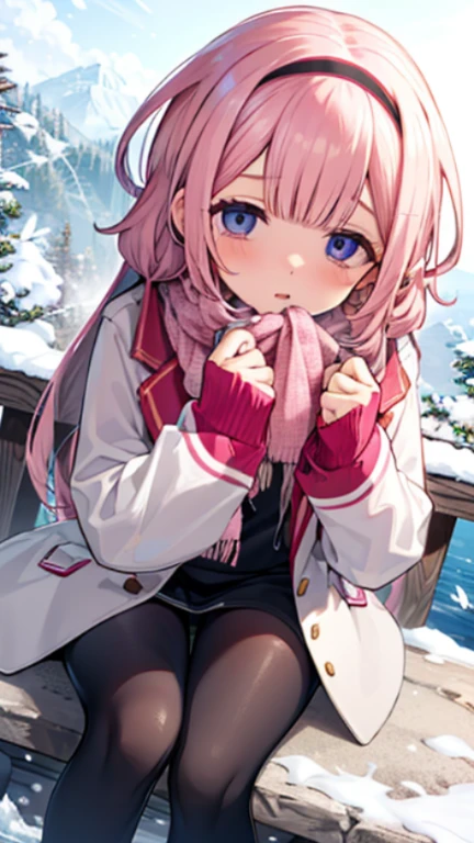 、Peep、A sneak peak、Shyness、blush、embarrassing、blush、peak、、sit with legs stretched out、bench、顔をscarfで隠す、put on a coat、snow原、snow像、snow、cold、scarf、scarfを巻く、降snow高解像度、Full HD、8K quality、、、droopy eyes、、、eye highlights、lively eyes、clear eyes、beautiful eyes、、口元をscarfで覆う、、look down、look away、embarrassing、blush、、View from an angle、Side and oblique views、、eye highlights、、、eye highlights、めちゃくちゃbeautiful eyes、Black tights with pink lines、embarrassing、blush、view from above、perspective from above