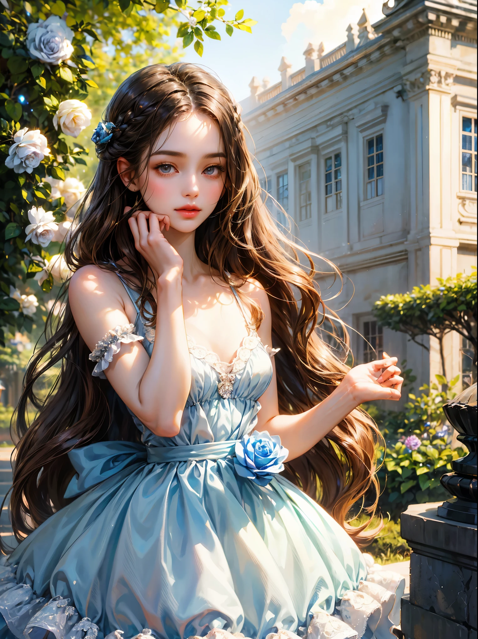 A girl, long brown hair, small breast, no bangs and crystalline grays eyes. She wears a light blue sundress, beautiful girl, detailed eyes, detailed face, detailed hands. She looks at the viewer. She has in her hand a black rose. Background a old orphanage.