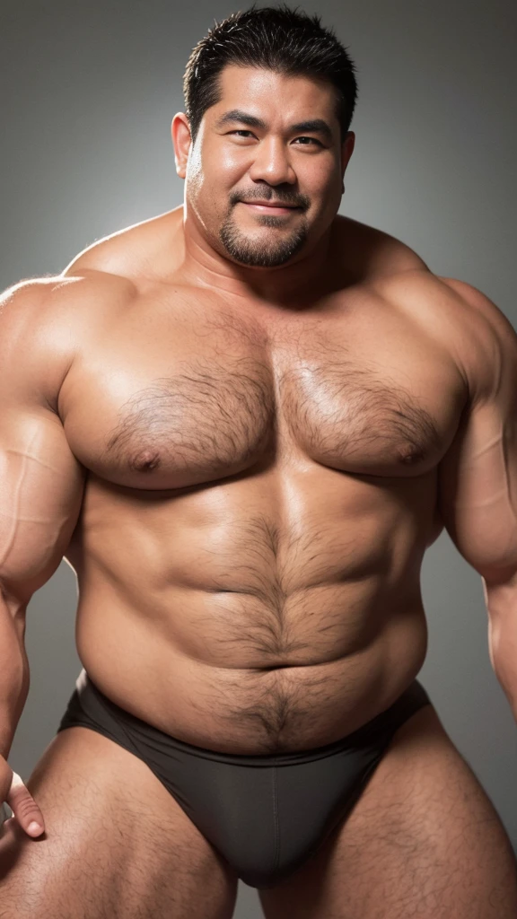 black hair, middle-aged man, individual, male, Muscular wrestler, muscular, Stout wrestler, Asian, Japanese, uncle, 55 year old middle-aged man, short hair, short hair, yellow wrestling boots, full body portrait, shadow, Vision, yellow briefs, obesity, 45 years old, short beard, middle-aged man, tattoo, fingerless gloves, Wheat skin, shiny skin, dark skin, Show your pectoral muscles, sumo wrestler, bodybuilder, wide temples, Visible abdominal muscles, Smile, Fine hands, solid color background, pure white background, Surrealism, Panorama, 8k, super detail,