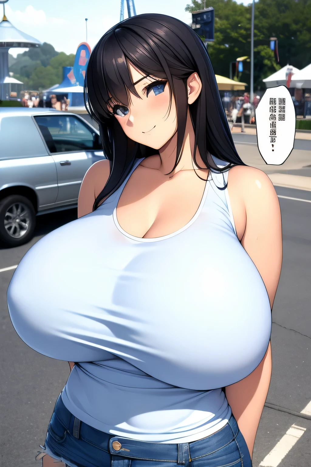 best quality, masterpiece, 1girl, solo, ,White sleeveless tank top，blue denim shorts,amusement_park,huge breasts