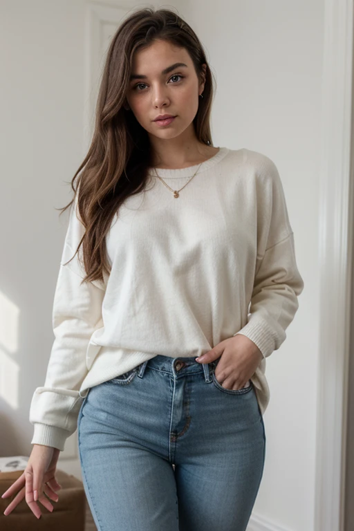 Girl with a white sweater and jeans gets home