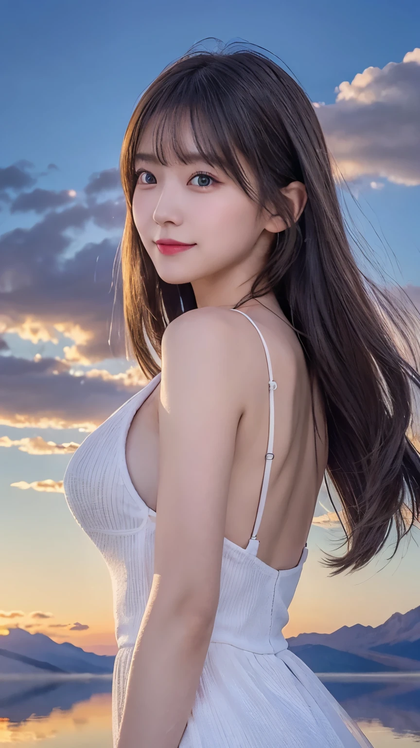 1 girl, masterpiece, very detailed, (beautiful delicate shine), Lens flare, gray hair, medium long hair, floating hair, think back, Back, back, smile, blue eyes, white dress, big breasts, Upper body, wide shot, , ((Uyuni salt lake)), sunrise, cloud, Backlight, purple sky, yellow sky, gradation sky, ,huge breasts,looking at the viewer