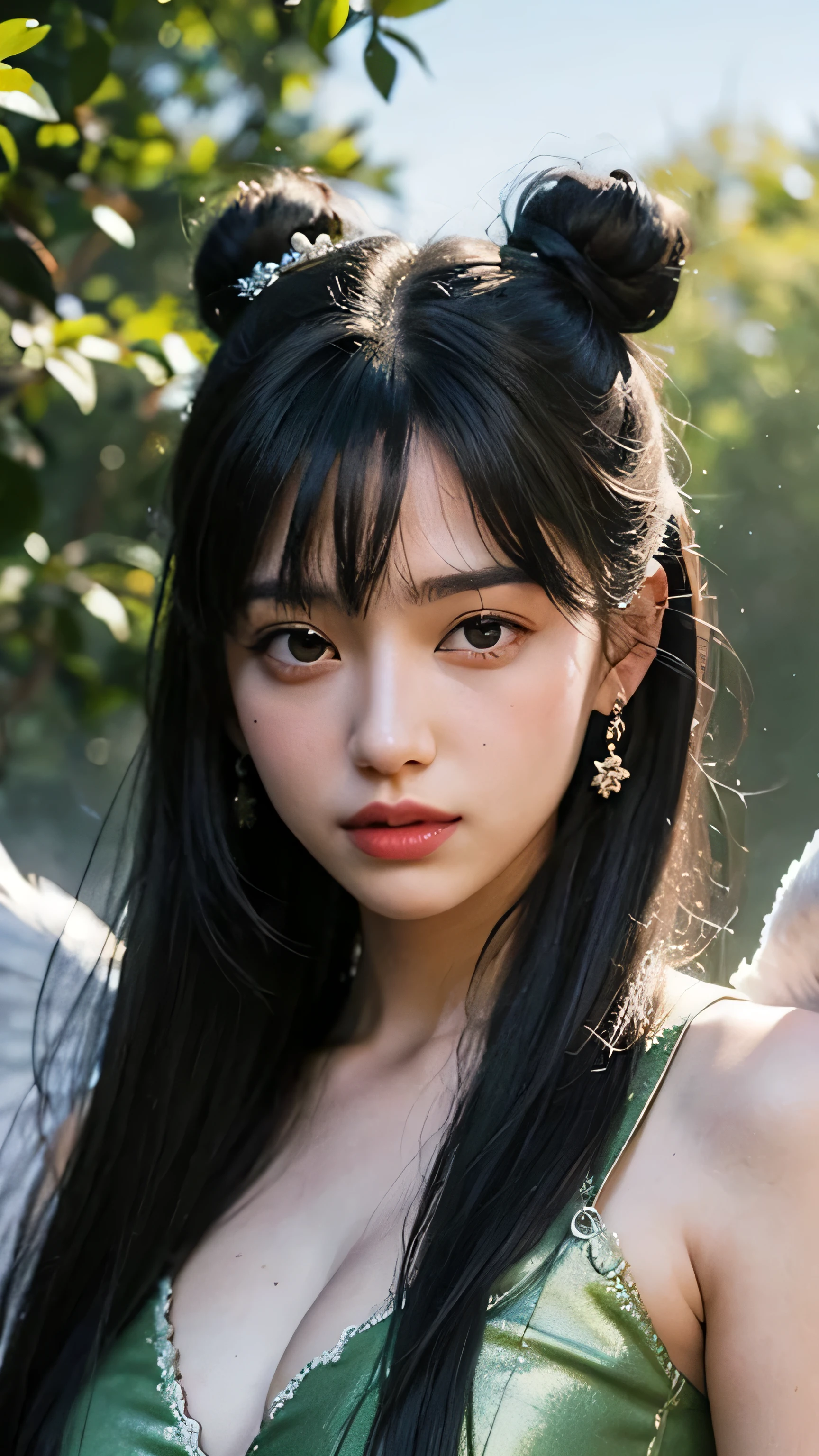 High Definition, 4K, Highly Realistic, 1 cute girl, Highly Detailed Face, Perfect Face:1.5, Highly Detailed Eyes, Perfect Eyes:1.5, hazel eyes,  Highly Detailed body, Perfect Body:1.5, full body view, Perfect Lips:1.5, Black and Green Hair, bun and fringes Hair, strands of hair in face,  white fairy, large pale green angel wings, green embroidered royal dress, perfect background:1.5, highly detailed background, mist effect, deep woods as background 