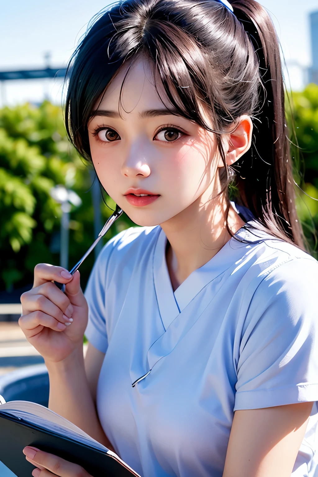 (1 nogizaka girl,ager,raw photo,photo realistic:1.5),(best quality, high quality,HDR, highest quality,ultra high resolution,high resolution,high res,ultra high difinition,huge file size,8K,2K wallpaper,8K wallpaper,high quality texture,amazing,an extremely delicate:1.4),one girl, Japanese famous idol,beautiful face,small face,absurd,ridiculous,incredibly ridiculous,portrait,breasts close up,blurry background,(gym uniform:1.2),medium skin,beautiful skin,small head,black hair,silky hair,(Japanese eyes:1.3),black eyes,Japanese idol eyes,Japanese nose,5-fingers,(eyebrow:-0.5),(Light Particles, Lens Flare, Luminous Particles: 0.7),looking at viewer,bright lighting,professional lighting,girl