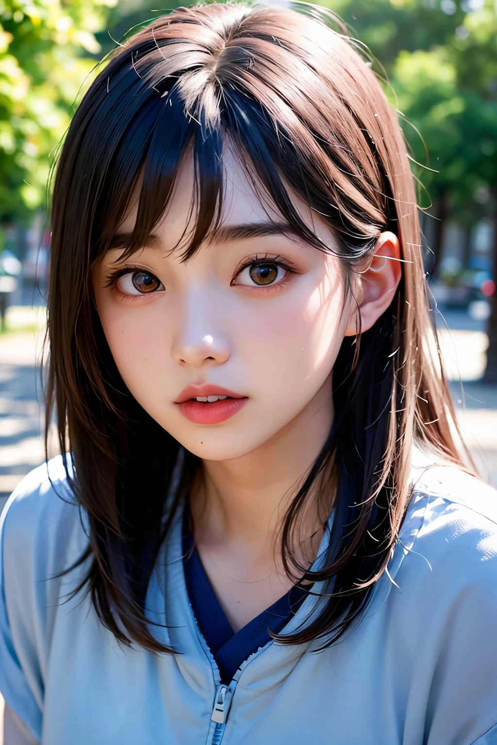 (1 nogizaka girl,ager,raw photo,photo realistic:1.5),(best quality, high quality,HDR, highest quality,ultra high resolution,high resolution,high res,ultra high difinition,huge file size,8K,2K wallpaper,8K wallpaper,high quality texture,amazing,an extremely delicate:1.4),one girl, Japanese famous idol,beautiful face,small face,absurd,ridiculous,incredibly ridiculous,portrait,breasts close up,blurry background,(gym uniform:1.2),medium skin,beautiful skin,small head,black hair,silky hair,(Japanese eyes:1.3),black eyes,Japanese idol eyes,Japanese nose,5-fingers,(eyebrow:-0.5),(Light Particles, Lens Flare, Luminous Particles: 0.7),looking at viewer,bright lighting,professional lighting,girl