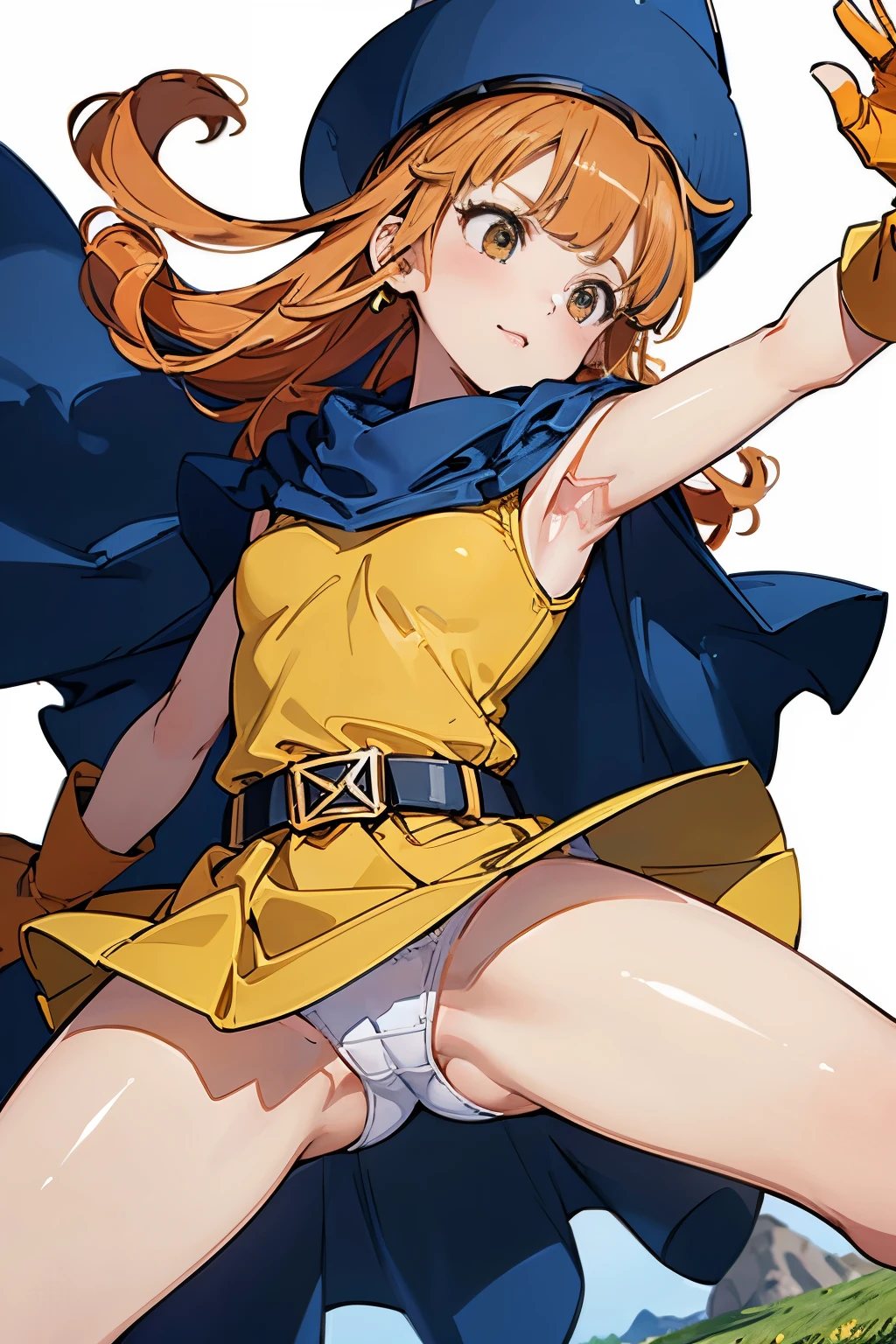 1 girl、High resolution、masterpiece、(alena-dq4、DQ4-ALENA、Orange straight hair)、happy smile、short height、thin thighs、thin legs、small shoulder width、slender、muscular、(tits)、(outdoor、Sunny day on the grass)、((Navy blue hat、yellow dress、cape、belt、glove、強風でスカートが捲れてwhite pantiesが見えている))、(((white panties)))、I&#39;m photographing her from below.、(((close-up of crotch、The camera is placed close to the crotch area.)))、attacking with a kick、Attacking with the legs