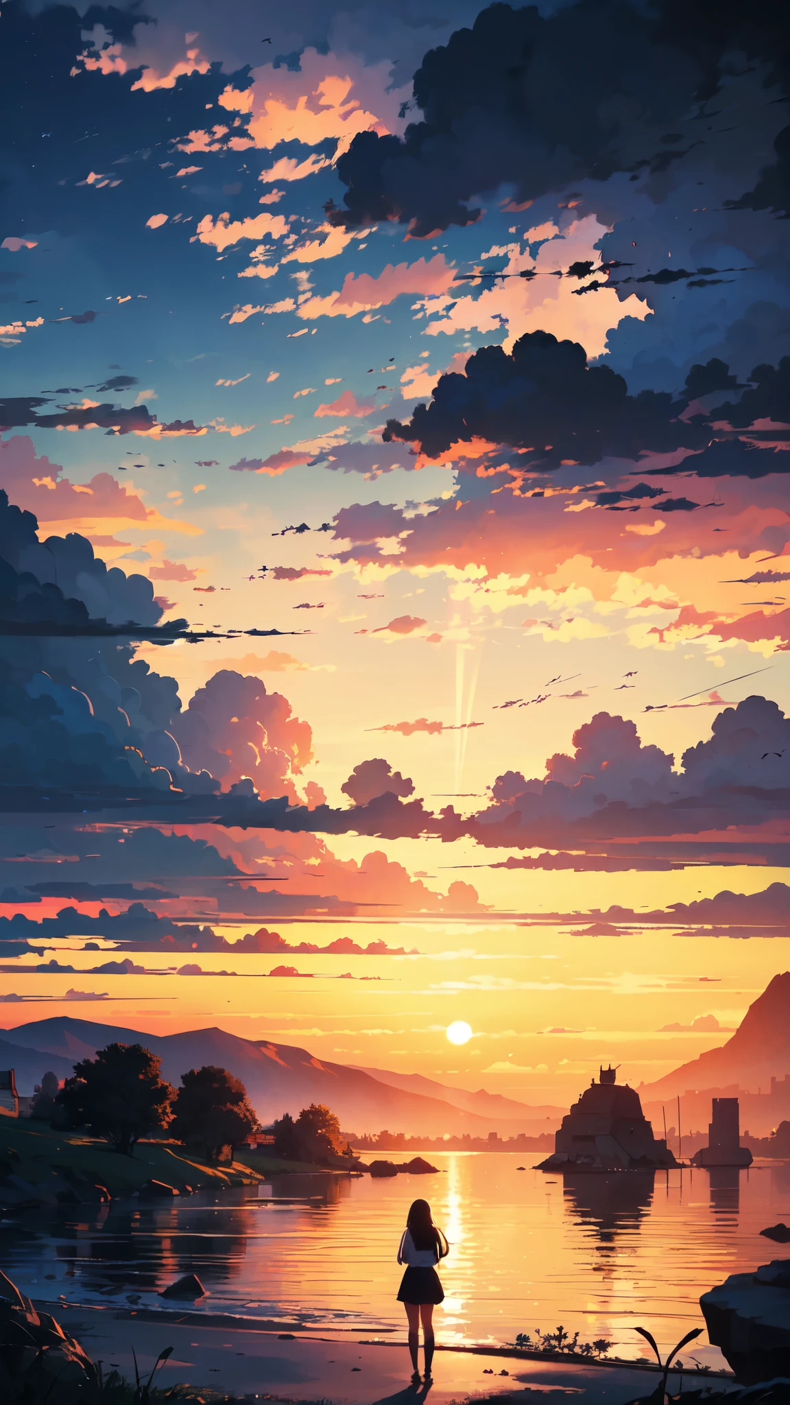 "Charming sunset moments,A girl is mesmerized by the magnificent golden sunlight and rolling clouds, Invoke a sense of awe and vibrant colors. masterpiece."