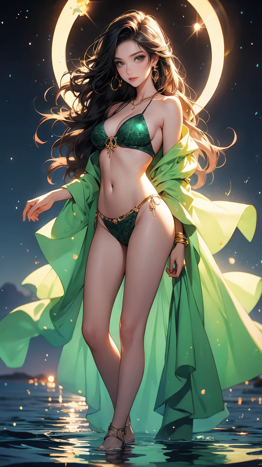 (masterpiece, Best quality, A high resolution, Ultra detailed),(beautiful and aesthetically pleasing:1.2), 1 woman, perfect body, wavy black hair, green eyes, long short tail, Beautiful face, (A slight smile:0.8), detailed eyes and face, Bioluminescent water, at night, stars, moon, intricate details, full body, A refreshing lemon yellow cover-up, loosely knotted over a bandeau top and high-waisted bikini bottoms, adorned with a charm-laden anklet