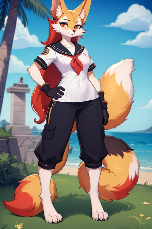 female, Fox, furry, beastman, Animal hair, tail, sailor suit, short sleeve, Jersey pants, long pants, gloves, barefoot