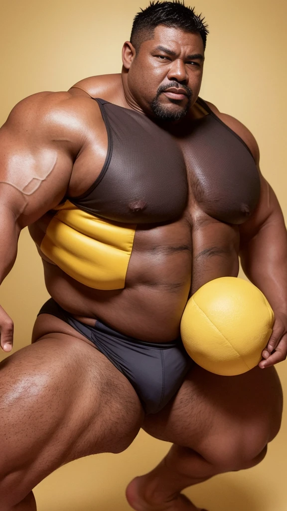 black hair, middle-aged man, individual, male, Muscular wrestler, muscular, Stout wrestler, Asian, Japanese, uncle, 55 year old middle-aged man, short hair, short hair, yellow wrestling boots, full body portrait, shadow, Vision, yellow briefs, obesity, 45 years old, short beard, middle-aged man, tattoo, fingerless gloves, Wheat skin, shiny skin, dark skin, Show your pectoral muscles, sumo wrestler, bodybuilder, wide temples, Visible abdominal muscles, Smile, Fine hands, solid color background, pure white background, Surrealism, Panorama, 8k, super detail，