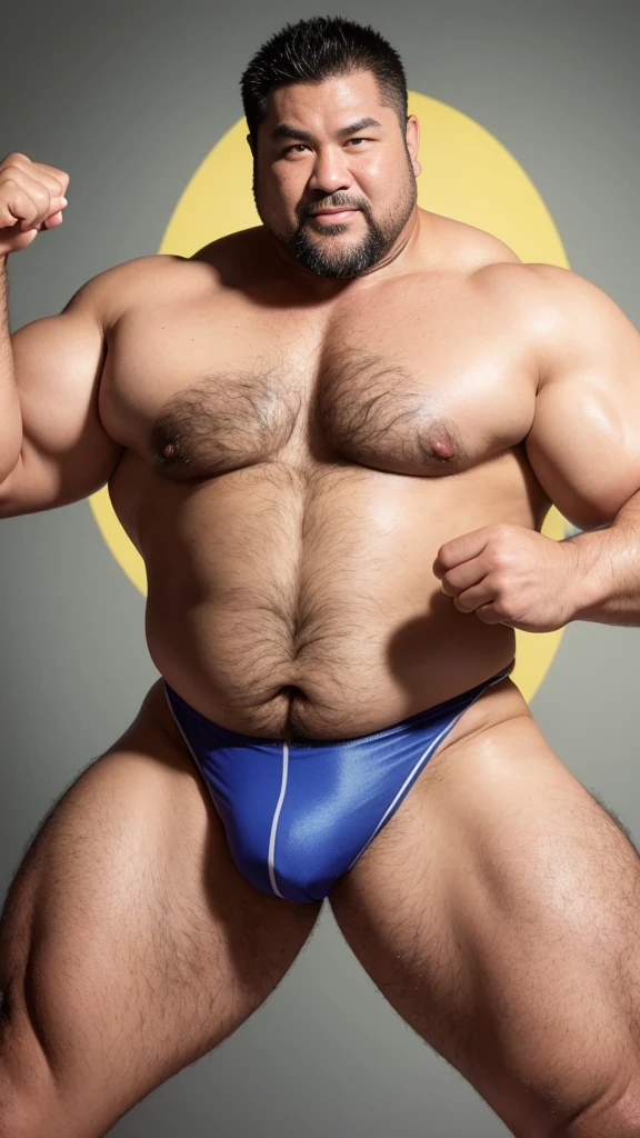 black hair, middle-aged man, individual, male, Muscular wrestler, muscular, Stout wrestler, Asian, Japanese, uncle, 55 year old middle-aged man, short hair, short hair, yellow wrestling boots, full body portrait, shadow, Vision, yellow briefs, obesity, 45 years old, short beard, middle-aged man, tattoo, fingerless gloves, Wheat skin, shiny skin, dark skin, Show your pectoral muscles, sumo wrestler, bodybuilder, wide temples, Visible abdominal muscles, Smile, Fine hands, solid color background, pure white background, Surrealism, Panorama, 8k, super detail,