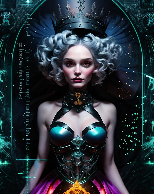 create a scene that depicts a modern-day witch who has embraced the world of cybernetics to enhance her magical abilities. The artwork should convey the enchanting blend of traditional witchcraft and futuristic technology. Here are some specific elements to include: The Witch's Lair: The setting should be a cozy yet slightly eerie room, filled with magical books, crystal balls, potion ingredients, and antique furnishings. The room should be dimly lit by candles and a soft, mystical glow emanating from her cybernetic enhancements. The Cyborg Witch: The central focus of the artwork is the witch herself. She's a striking figure with a mix of traditional witch attire and cybernetic enhancements. Her clothing should have a witchy, occult aesthetic, with flowing robes, a pointed hat, and an intricate pentagram necklace. Her arms, however, have been upgraded with cybernetic components that incorporate magical symbols and glowing runes. Magical Interface: The witch is in the midst of casting a spell, with a holographic, touch-screen interface floating before her. This interface includes spell incantations, arcane symbols, and digital components, demonstrating her fusion of magic and technology. Spell Ingredients: On a nearby table, there should be a collection of spell ingredients, like herbs, potions, and magical artifacts. Some of these items may have been modified with cybernetic enhancements, blurring the line between the natural and the technological. Familiar: The witch's familiar, perhaps a cat or raven, should be present in the scene, serving as her magical companion. The familiar could also have subtle cybernetic enhancements or glowing eyes. Glowing Runes: The room should be adorned with ancient symbols and glowing runes on the walls and floor, contributing to the magical atmosphere. Aetherial Lighting: Use a combination of mystical, ethereal lighting and cybernetic glows to create a captivating interplay of light and shadow. The contrast between the tradit