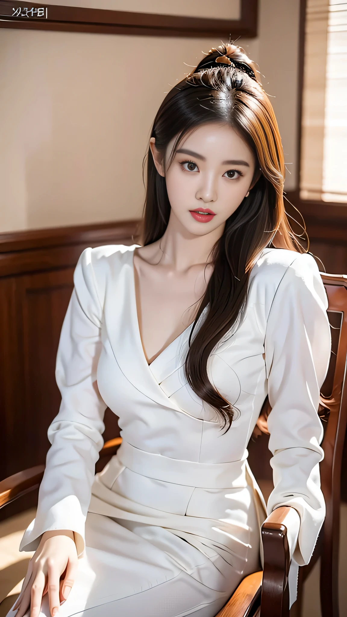 there is a woman sitting on a chair in a room, korean girl, gorgeous young korean woman, beautiful south korean woman, smooth white tight clothes suit, good young girl, korean woman, gorgeous chinese model, 2 4 year old female model, beautiful young korean woman, attractive pose, young and cute girl, 19-year-old girl, photo of slim girl