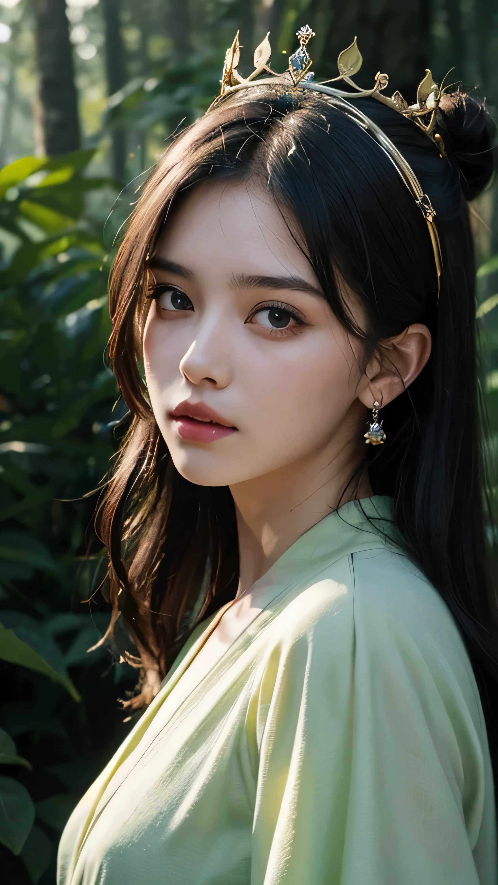 High Definition, 4K, Highly Realistic, 1 cute girl, Highly Detailed Face, Perfect Face:1.5, Highly Detailed Eyes, Perfect Eyes:1.5, hazel eyes, Highly Detailed body, Perfect Body:1.5, full body view, Perfect Lips:1.5, Black and Green Hair, bun and fringes Hair, strands of hair in face, white fairy, large green yellow gradient butterfly wings, wearing green color robe, wearing Jewelleries, wearing crown, unicorn Behind, mist effect, Highly Detailed Background, perfect background:1.5, deep forest as background.
