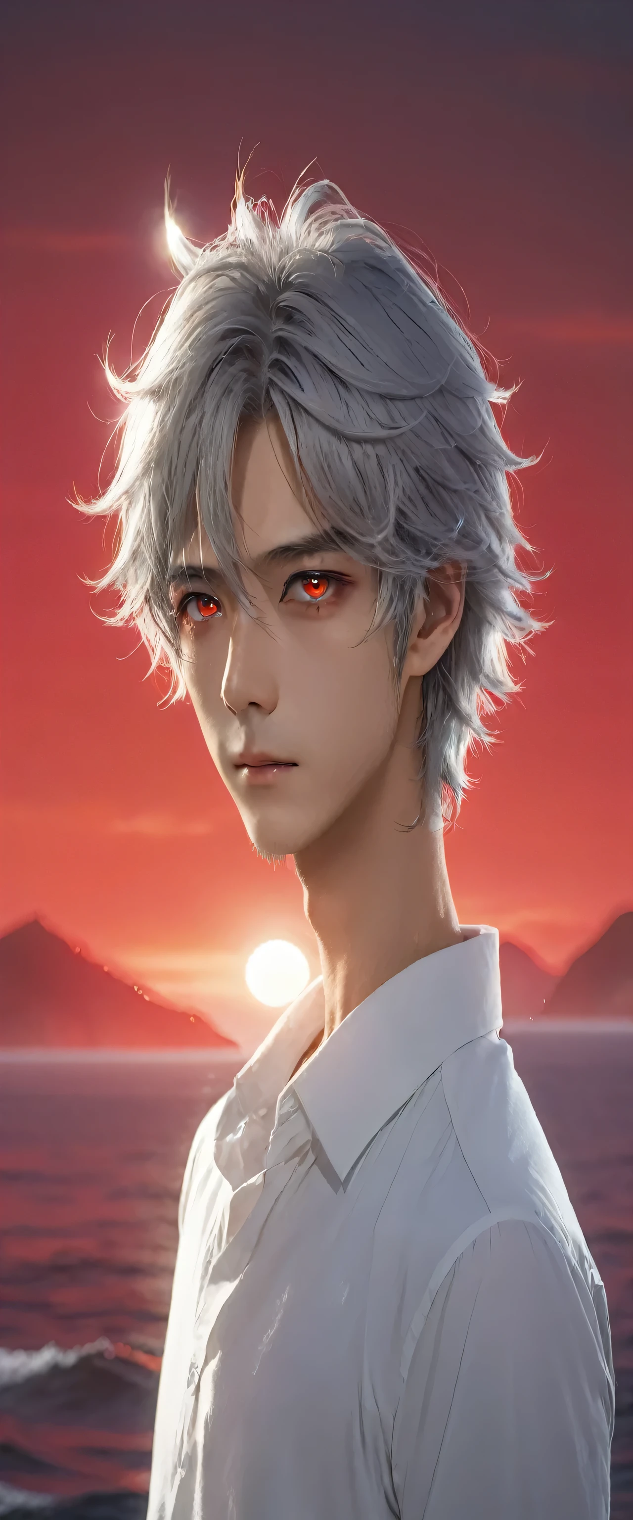 Standing in front of the sea、gray hair、red eyes、juvenile, With shining red eyes, With glowing red eyes, Handsome man portrait, Shining red eyes, his eyes are red and shining, Red eyes shining, His eyes were glowing red, Stunning portrait, youth, photograph、8K、highest quality、best details