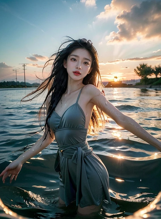 Masterpiece, Best Quality, (Best illustration), (Best Shade) Cute girl in the sea throws her head back, wet hair, (waist deep in water:1.5), sunset, long loose hair, splashes, drops,