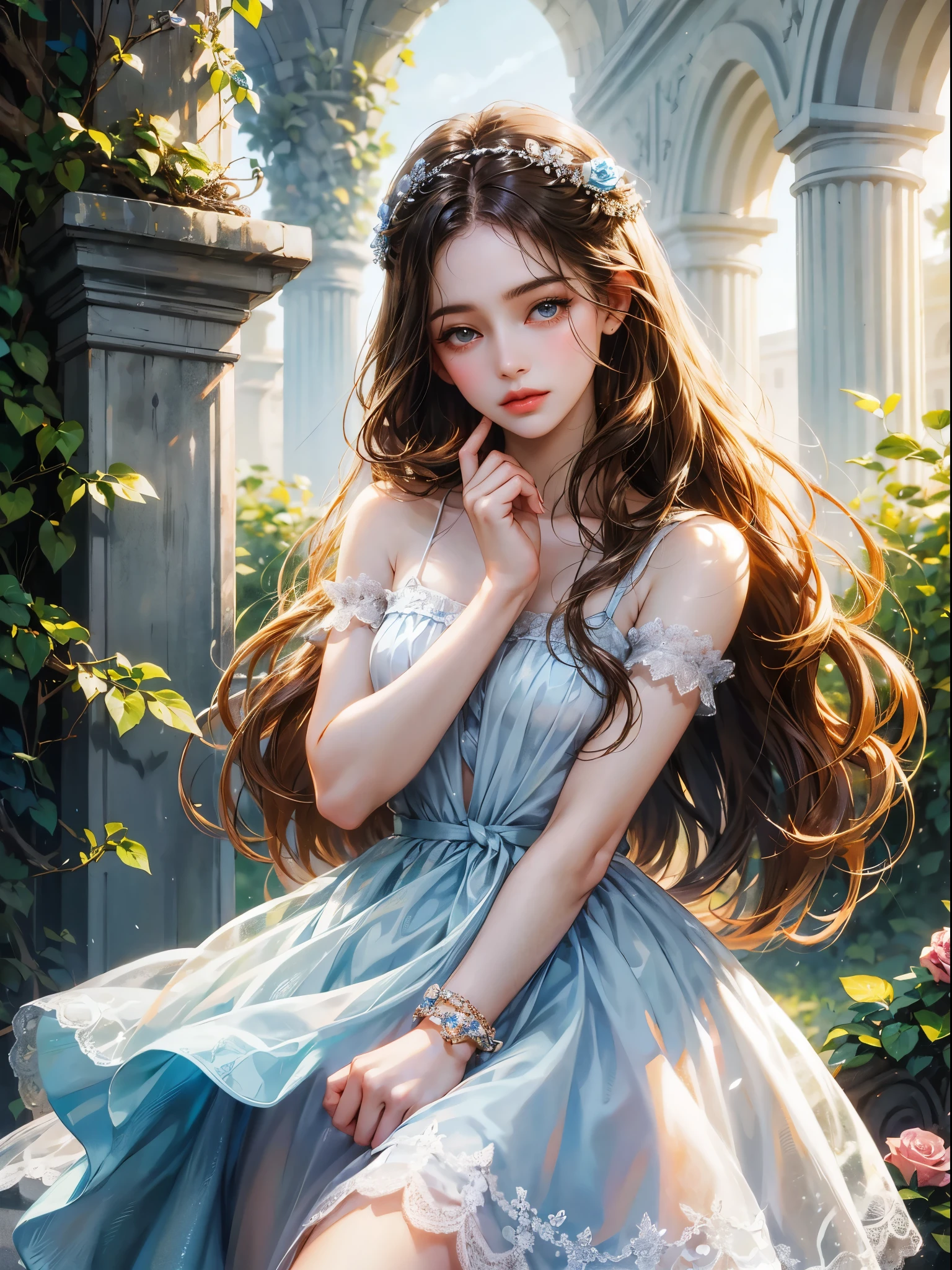 She wears a long light blue dress