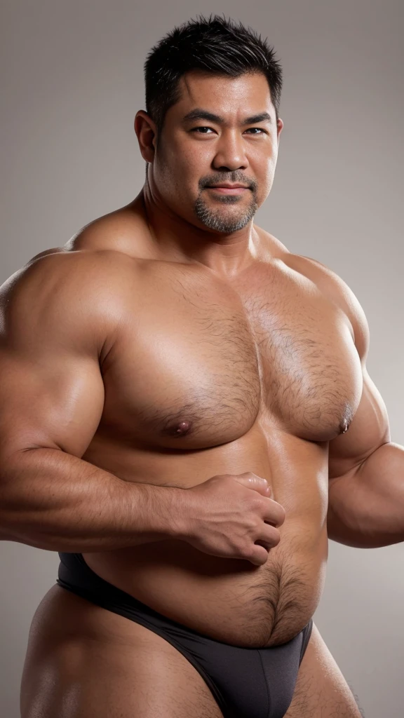 black hair, middle-aged man, individual, male, Muscular wrestler, muscular, Stout wrestler, Asian, Japanese, uncle, 55 year old middle-aged man, short hair, short hair, yellow wrestling boots, full body portrait, shadow, Vision, yellow briefs, obesity, 45 years old, short beard, middle-aged man, tattoo, fingerless gloves, Wheat skin, shiny skin, dark skin, Show your pectoral muscles, sumo wrestler, bodybuilder, wide temples, Visible abdominal muscles, Smile, Fine hands, solid color background, pure white background, Surrealism, Panorama, 8k, super detail,