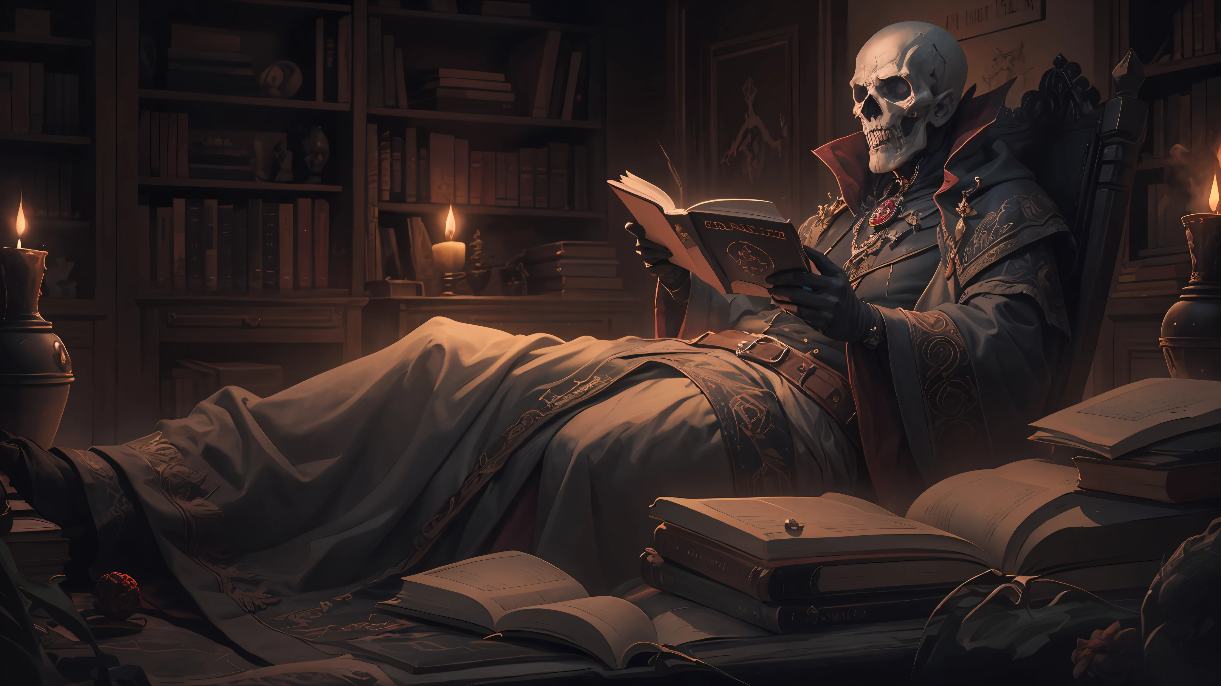 Highest quality,Masterpiece,Handsome and beautiful vampire mage reading in the dark room, dark but detailed digital art, Book of the Dead, horror fantasy art, detailed 4k horror artwork, Horror stories, dark fantasy horror art, Crypt legends, fantasy horror art, Read an evil devil's book, highly detailed dark art, portrait of the old necromancer