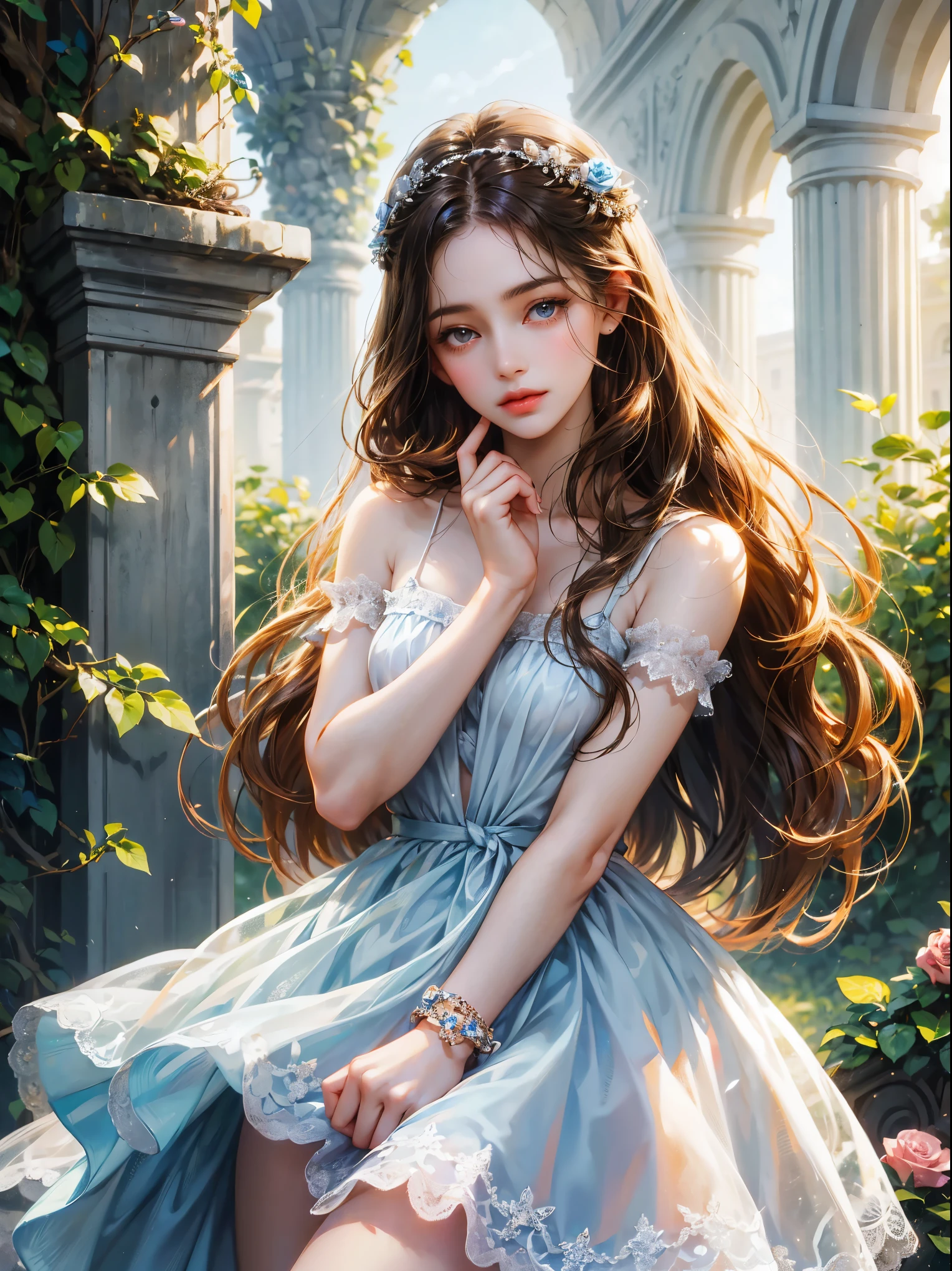 A girl, long brown hair, small breast, no bangs and crystalline grays eyes. She wears a light blue sundress, beautiful girl, detailed eyes, detailed face, detailed hands. She looks at the viewer. She has in her hand a black rose. Background a old orphanage.