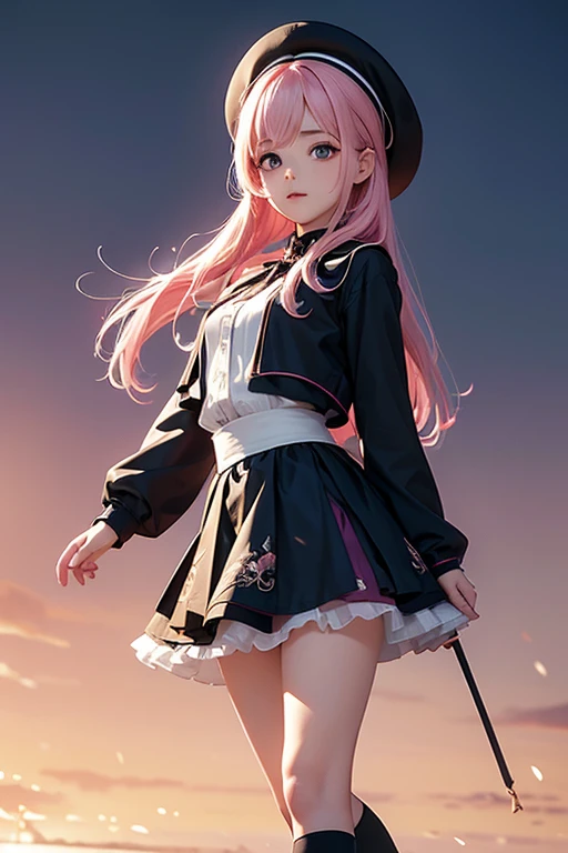 1girls, Single person，(masterpiece:1.1), (Best quality:1.1), (White blouse:1.1), High-waisted skirt, Break [blue:Pink:0.5] theme, (gradient backgrounds :1.1), Cowboy shot, Cinematic light，The Perfect Hand， Break through pink hair, single horse tail, Black military top, Yellow epaulettes，Black pleated skirt，Black boots，Pink stockings，Blue eyes， Slender beautiful legs，seaside backgroud