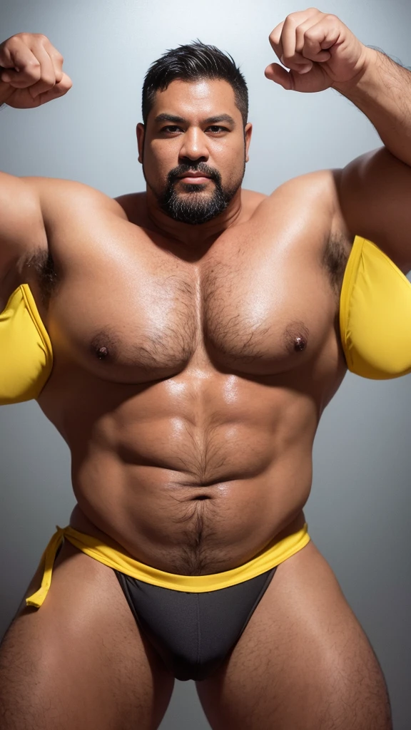 black hair, middle-aged man, individual, male, Muscular wrestler, muscular, Stout wrestler, Asian, Japanese, uncle, 55 year old middle-aged man, short hair, short hair, yellow wrestling boots, full body portrait, shadow, Vision, yellow briefs, obesity, 45 years old, short beard, middle-aged man, tattoo, fingerless gloves, Wheat skin, shiny skin, dark skin, Show your pectoral muscles, sumo wrestler, bodybuilder, wide temples, Visible abdominal muscles, Smile, Fine hands, solid color background, pure white background, Surrealism, Panorama, 8k, super detail,