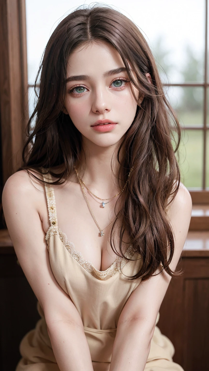 8k, RAW Photography, portrait, top-quality, ultra high resolution, Braid, piercings, Photorealistic, a adorable girl, full bodyesbian, red hair, Green eyes, a necklace, a smile, eye lashes, cinema lighting, depth of fields, lens-flare, camisole, masterpiece, extremely detailed eyes and face, bokeh, silky smooth skin, long beautiful hair