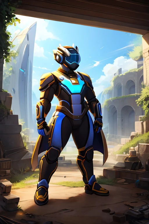 a humanoid robot with a sophisticated and futuristic design, its body is golden with glowing white stripes, a black visor covers its entire face, it has the word "POTIDU" lit up on its chest, standing on top of the ruins, behind it are the wreckage of a spaceship, dust flying around him.