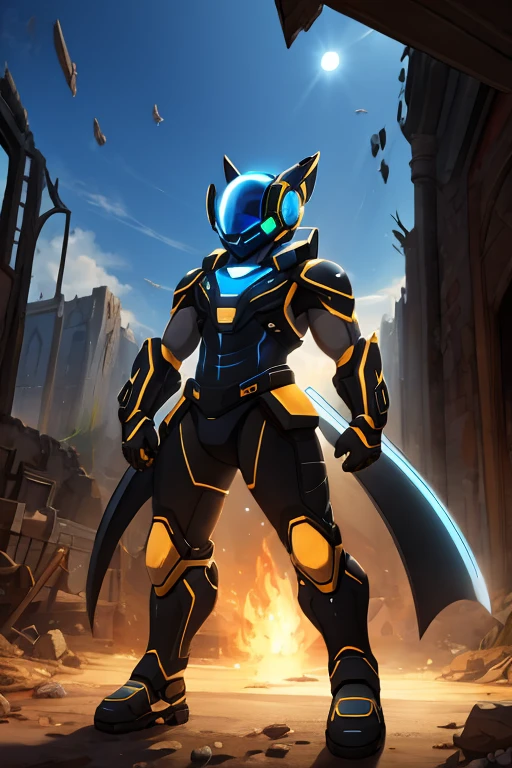 a humanoid robot with a sophisticated and futuristic design, its body is golden with glowing white stripes, a black visor covers its entire face, it has the word "POTIDU" lit up on its chest, standing on top of the ruins, behind it are the wreckage of a spaceship, dust flying around him.