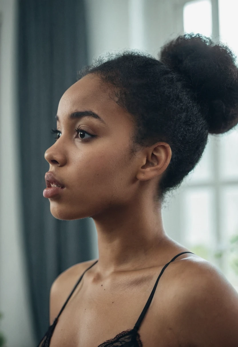 mid-shot photo of a cute 22 y.o black sexy woman, brazilian, afro hair bun, looking away, thick lips, natural detailed skin (skin pores:0.8), natural detailed hair, (skin moles:0.3), standing at living room, natural light, cold colors, (film grain:1.0), wearing black lace lingerie, posing hands up head.