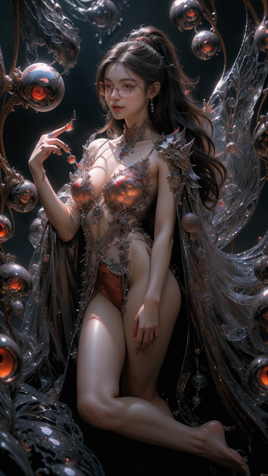 (The best illustrations)、realisitic、ultra-detailliert、The best lighting、Best Shadows、alluring succubus, ethereal beauty, perched on a cloud, (fantasy illustration:1.3), enchanting gaze, captivating pose, delicate wings, otherworldly charm, mystical sky, (Luis Royo:1.2), (Yoshitaka Amano:1.1), Dungeon and Dragon、caves、Dungeon、 A Necromancer、natta、Dark style、Succubus、Devil's Daughter、Bat Wings，(((Demon Hornlack-rimmed round glasses))))、(red eyes glowing:1.6)、​beautiful countenance、Tindall Effect、(High Detail Skins:1.2) absurderes、Ponytail distortion、jewely、Beautiful expression、Toned waist、Wide buttocks、Tindall Effectmasuter piece、top-quality、Highest Standards、Top image quality、masutepiece、intricate detailes、High resolution、Depth Field、natural soft light、profetional lighting、Great smile、(High Detail Skin: 1.2)、photorealistic anime girl render、Strong highlights of the eyes、Perfect Anatomy、crotch open、Shy、Spreading your legs、Panties are visible、Skirt flipping、Body shiny with oilerectile nipple))、8K resolution、intricate clothing、Intricate details