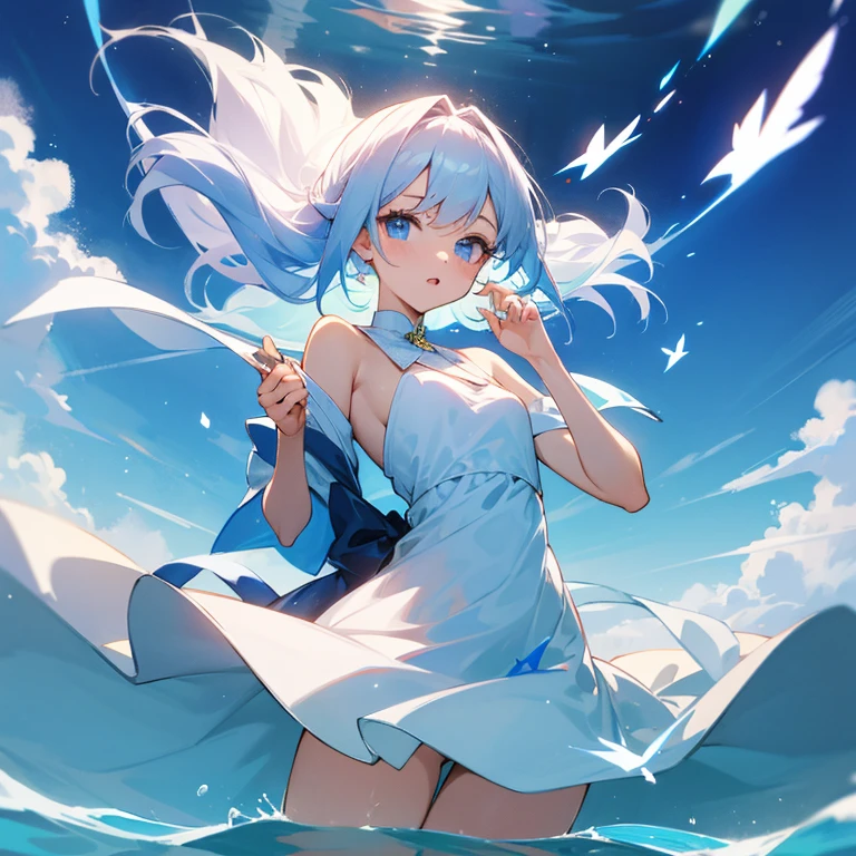 Blue eyes and hair, white dress (half shoulder), looks like she's floating on some water or something while holding a bubble on her right hand