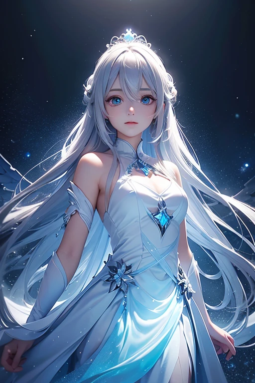 Elaina, AI mentor, serene, mature, wise, approachable, long silver hair, warm insightful eyes, simple elegant white dress, relaxed yet confident posture, reassuring smile, Minimal tiara headpiece with crescent moonstone, flower of life moonstone pendant, abstract nature backdrop, earthy tones, soft-focus, ethereal digital art, centered